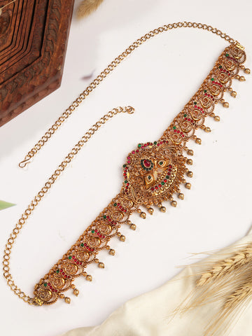 Karatcart Ethnic South Indian Temple Style Gold Plated Peacock Kamarbandh for Women