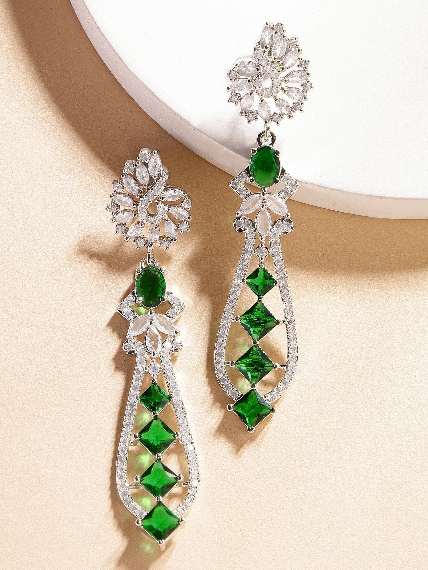 Karatcart Elegant Peacock Design Green American Diamond Drop Earrings for Women