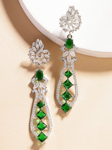 Karatcart Elegant Peacock Design Green American Diamond Drop Earrings for Women