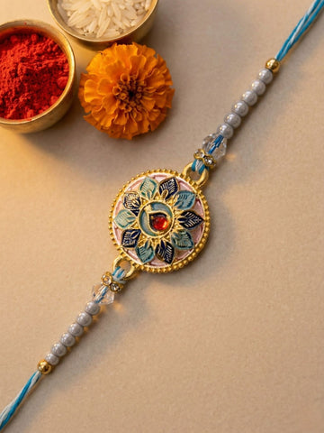 KARATCART Gold Plated Round Blue Meenakari Flower Designer Bhaiya Rakhi with Roli & Chawal