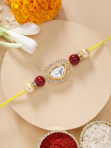 KARATCART Traditional Handmade Red Beads Polki Kundan Rakhi for Brother with Roli & Chawal