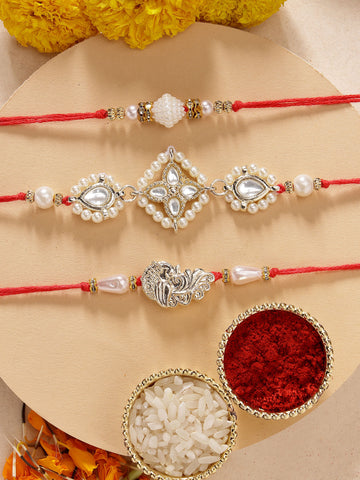 KARATCART Set of 3 Handmade Peacock Design Pearl Kundan Rakhis for Brother with Roli & Chawal