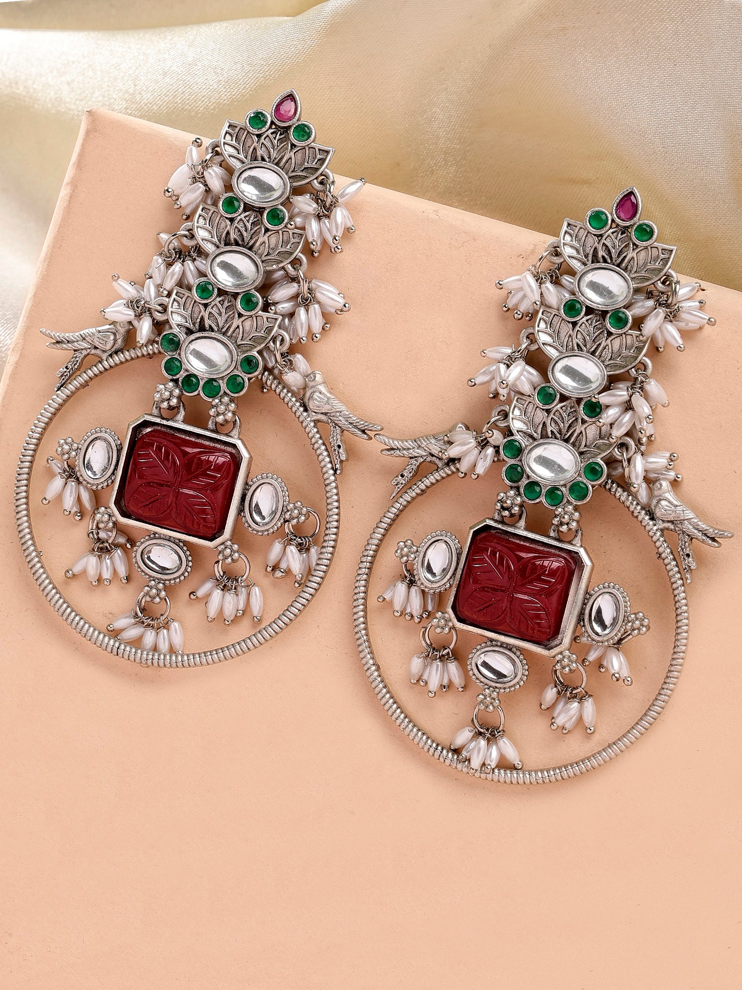 Karatcart Oxidised Silver Red Carved Stone Dangler Earrings for Women