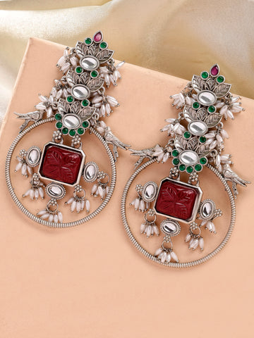 Karatcart Oxidised Silver Red Carved Stone Dangler Earrings for Women