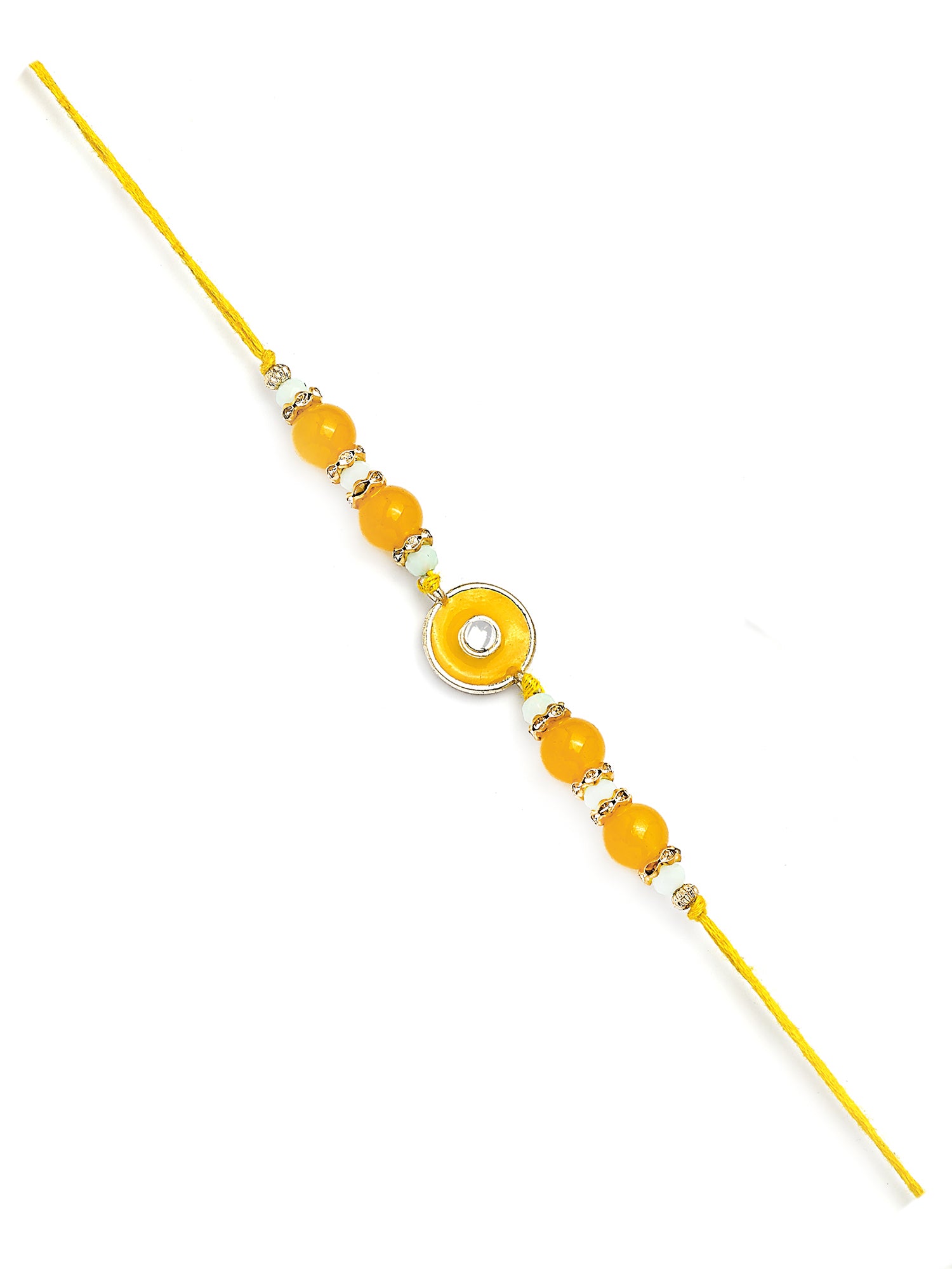 Karatcart Gold Plated Yellow Meena Floral Kundan Bhiya Bhabhi Rakhi with Roli & Chawal
