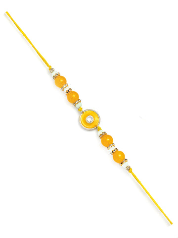 Karatcart Gold Plated Yellow Meena Floral Kundan Bhiya Bhabhi Rakhi with Roli & Chawal