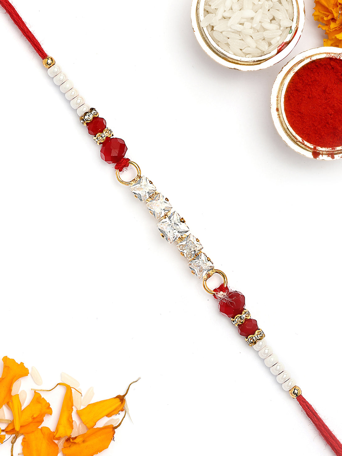 KARATCART Red Crystal and Rhinestones Bhaiya Rakhi with Roli & Chawal