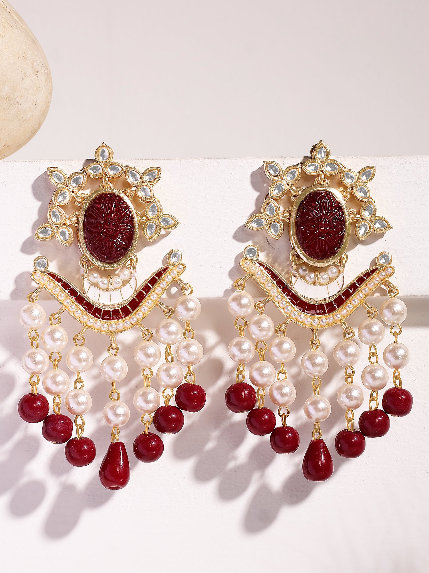 KARATCART Elegant Gold-Plated Red Carved Stone and Pearl Studded Kundan Dangler Earrings for Women - Image 1
