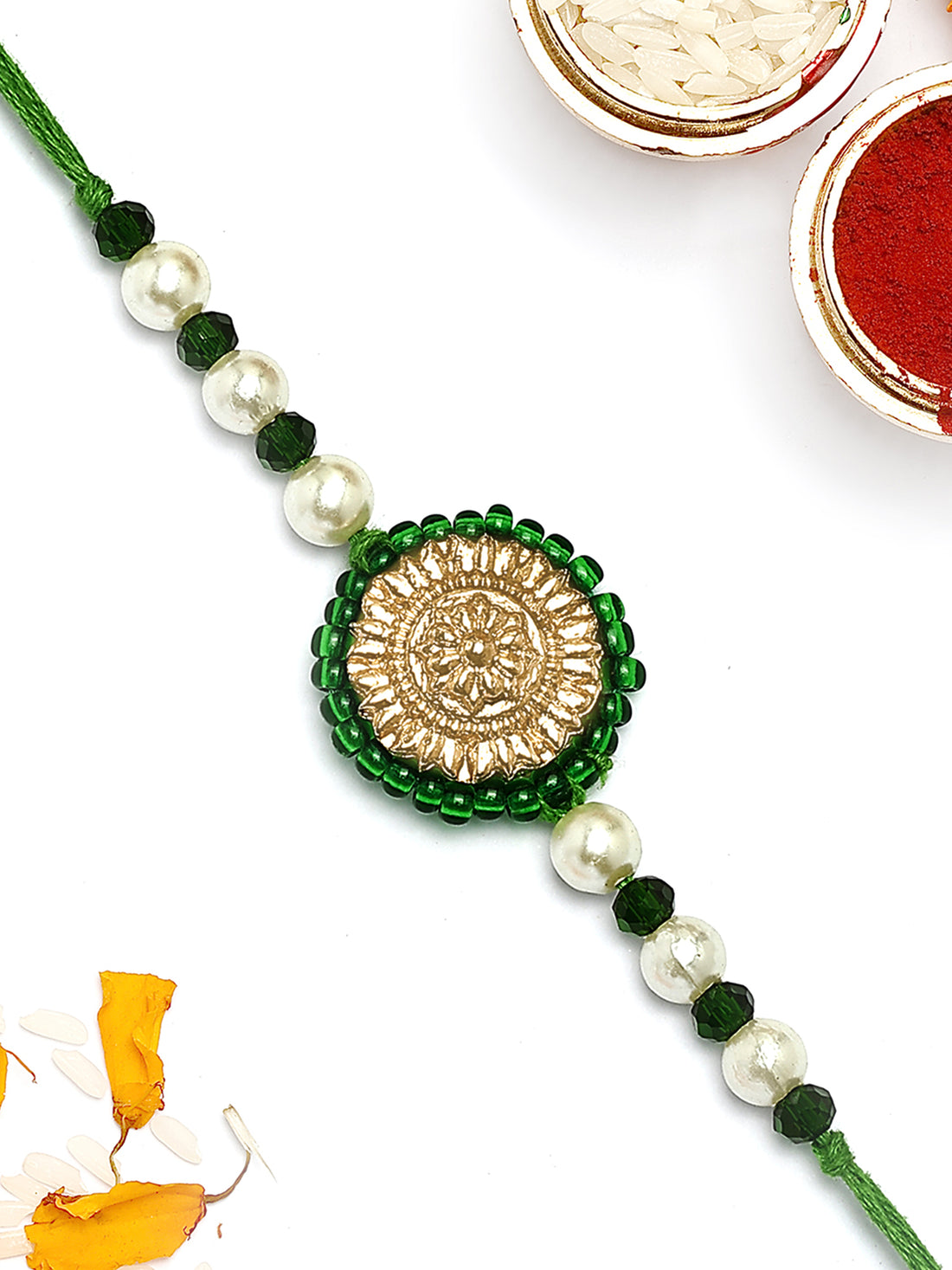 KARATCART Gold Plated Green Crystal Floral Kundan Bhaiya Rakhi with Roli & Chawal