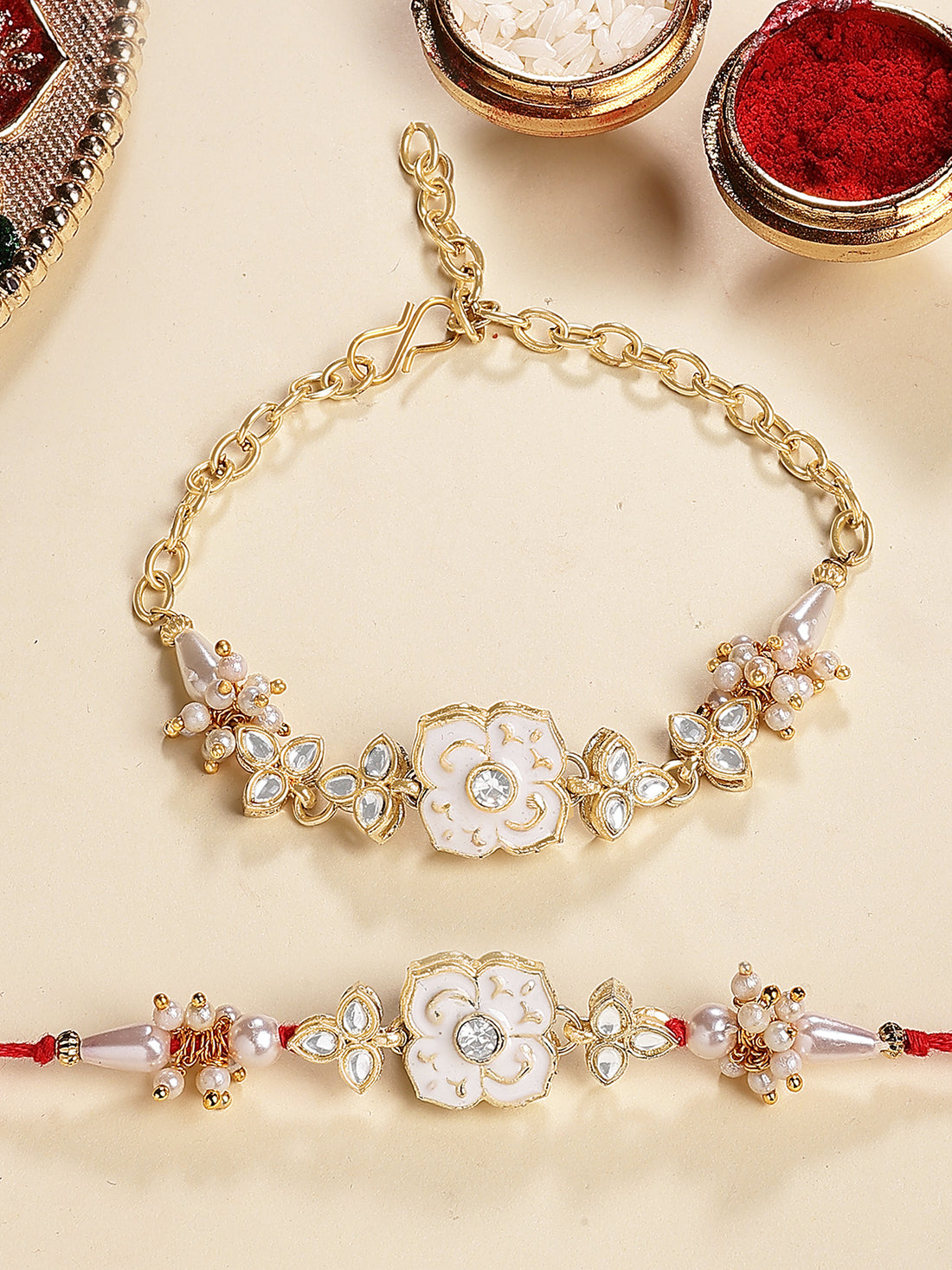 Karatcart Gold Plated White Meena Floral Kundan Bhiya Bhabhi Rakhi with Roli & Chawal