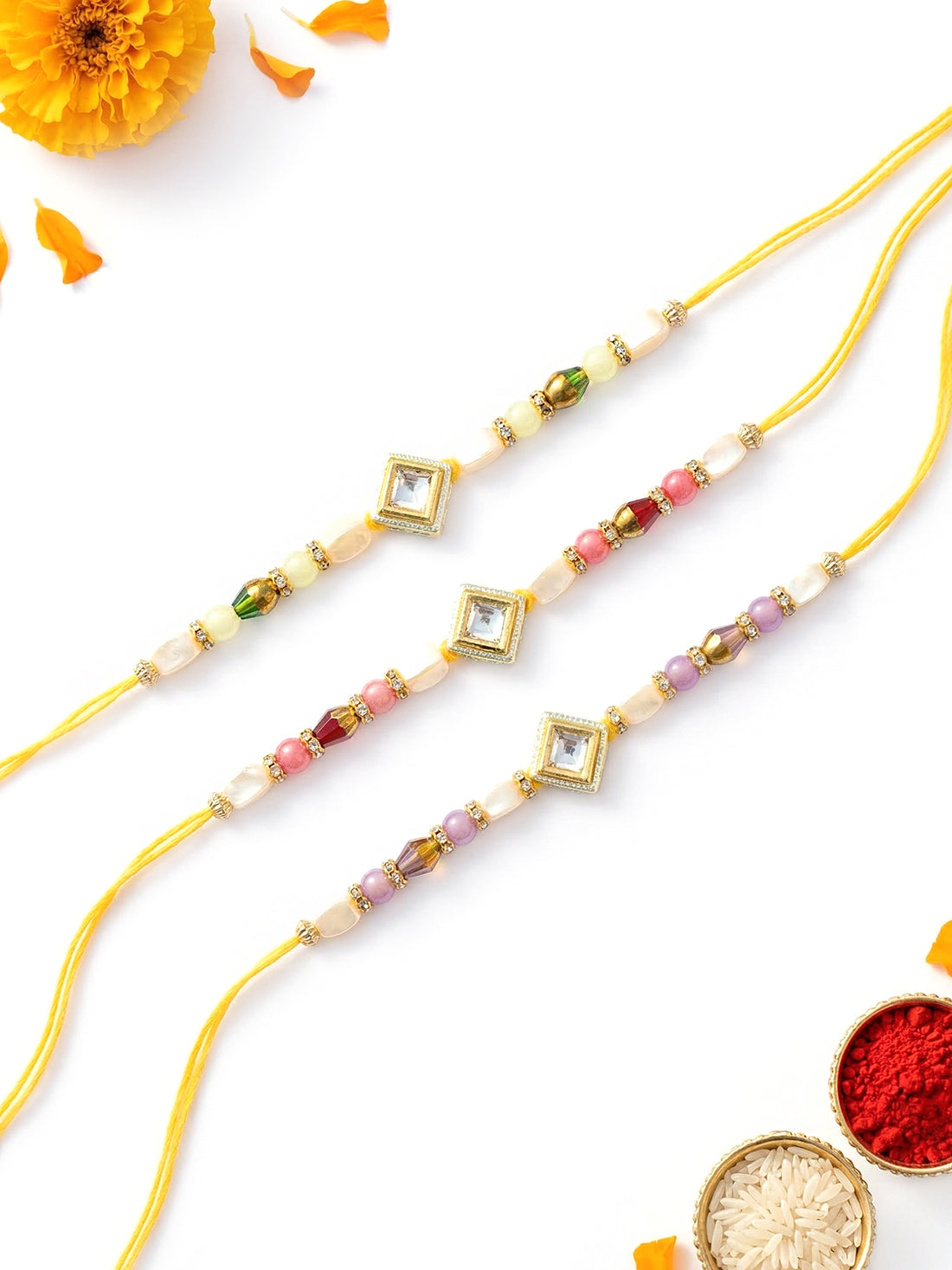 KARATCART Set of 3 Pastel Beads Designer Kundan Rakhi for Brother with Roli & Chawal