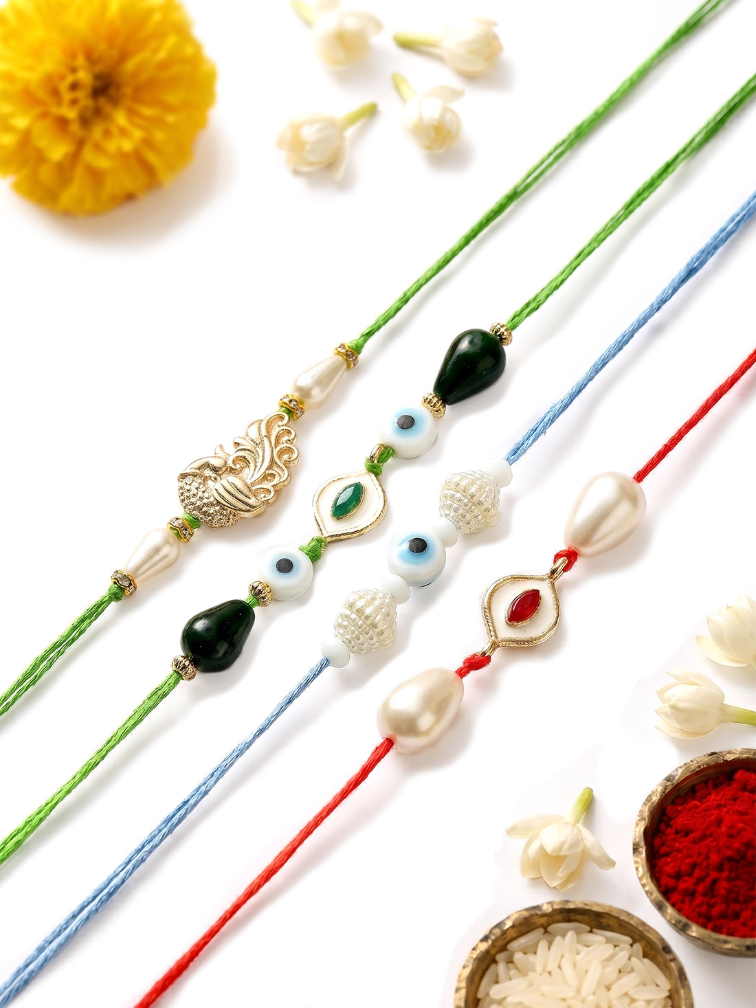 KARATCART Set of 4 Handmade Meenakari Evil Eye Kundan Rakhis for Brother with Roli & Chawal