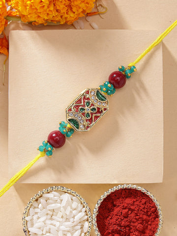 KARATCART Classic Red and Green Meena Crystal Studded Handmade Rakhi for Brother with Roli & Chawal