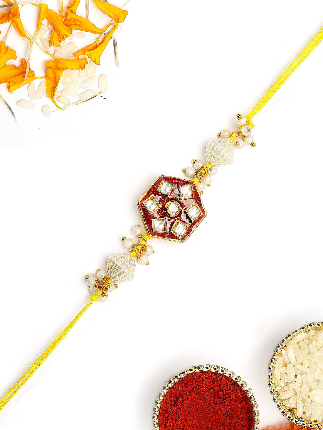 KARATCART Elegant Red Meenakari Handmade Kundan Rakhi for Brother with Roli Chawal