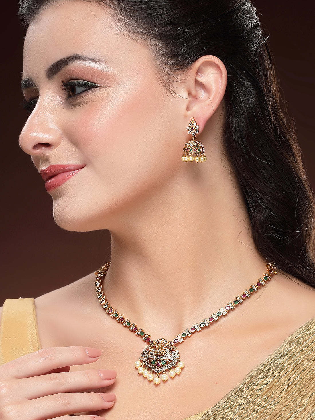 KARATCART Traditional Gold Plated Red and Green Stone Laxmi Mata Temple Jewellery Set for Women