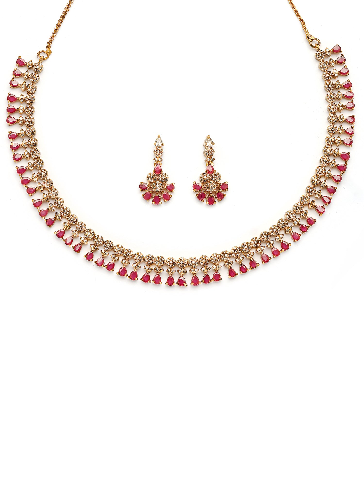 KARATCART Elegant Gold-Plated Pink Drop American Diamond Jewellery Set for Women