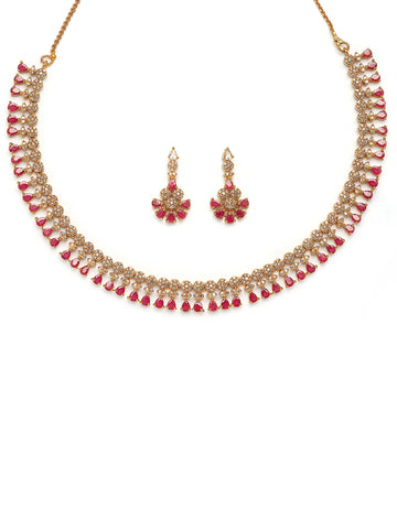 KARATCART Elegant Gold-Plated Pink Drop American Diamond Jewellery Set for Women