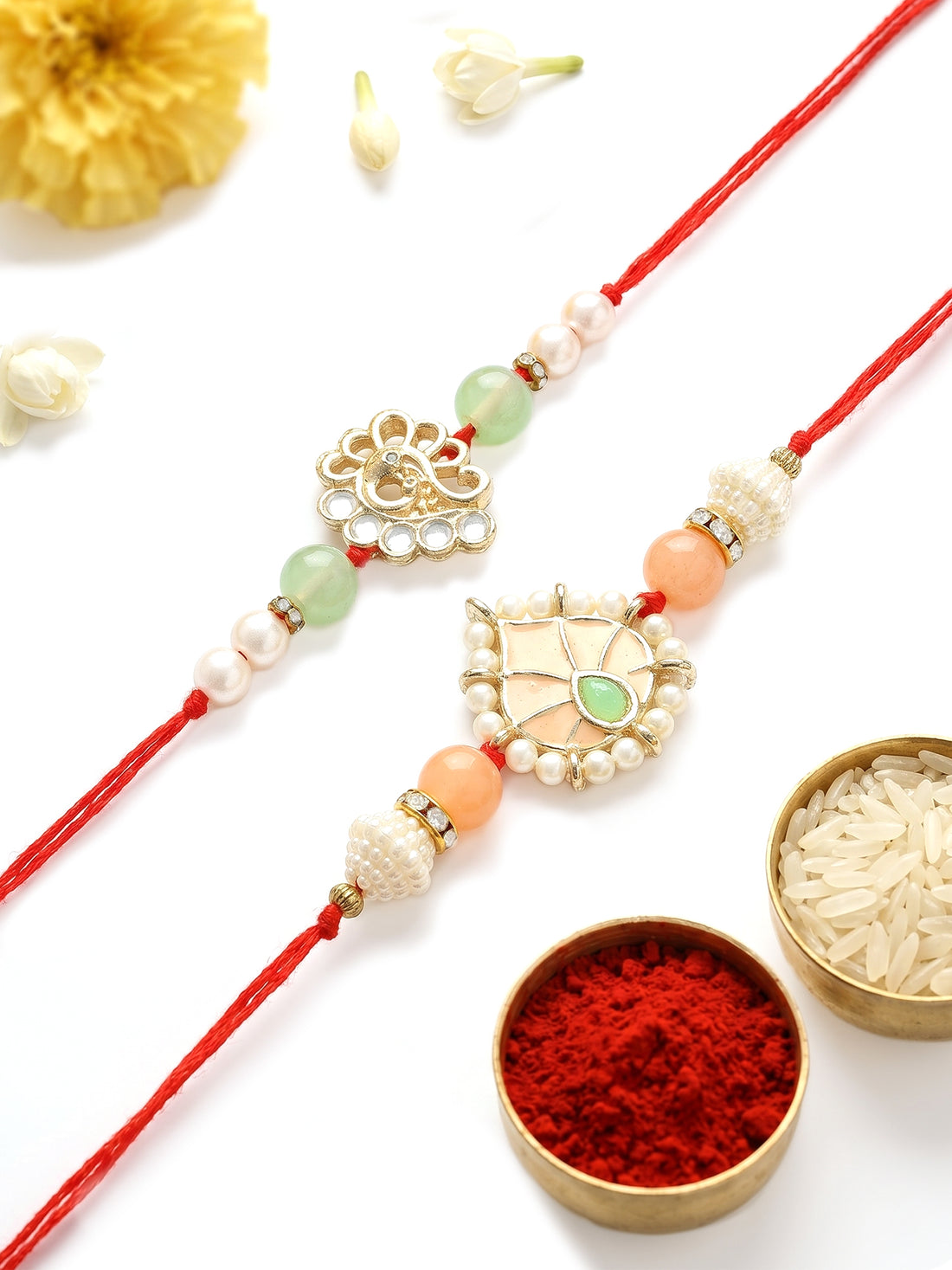KARATCART Set of 2 Peach Meenakari Heart Shape Handmade Kundan Rakhi for Brother with Roli & Chawal