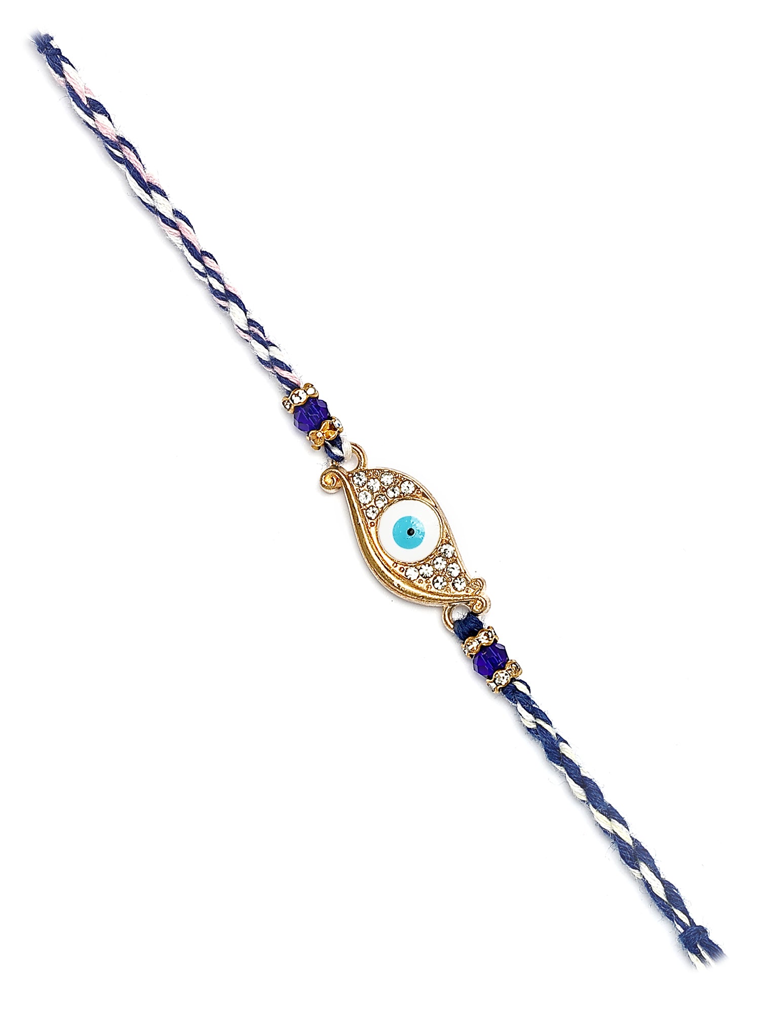 Karatcart Gold Plated Blue American Diamond Eye Shape Evil Eye Bhiya Rakhi with Roli & Chawal