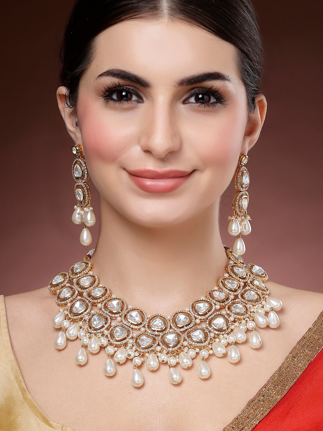 Karatcart Luxury Gold Plated Polki Kundan Handcrafted Necklace Set for Women