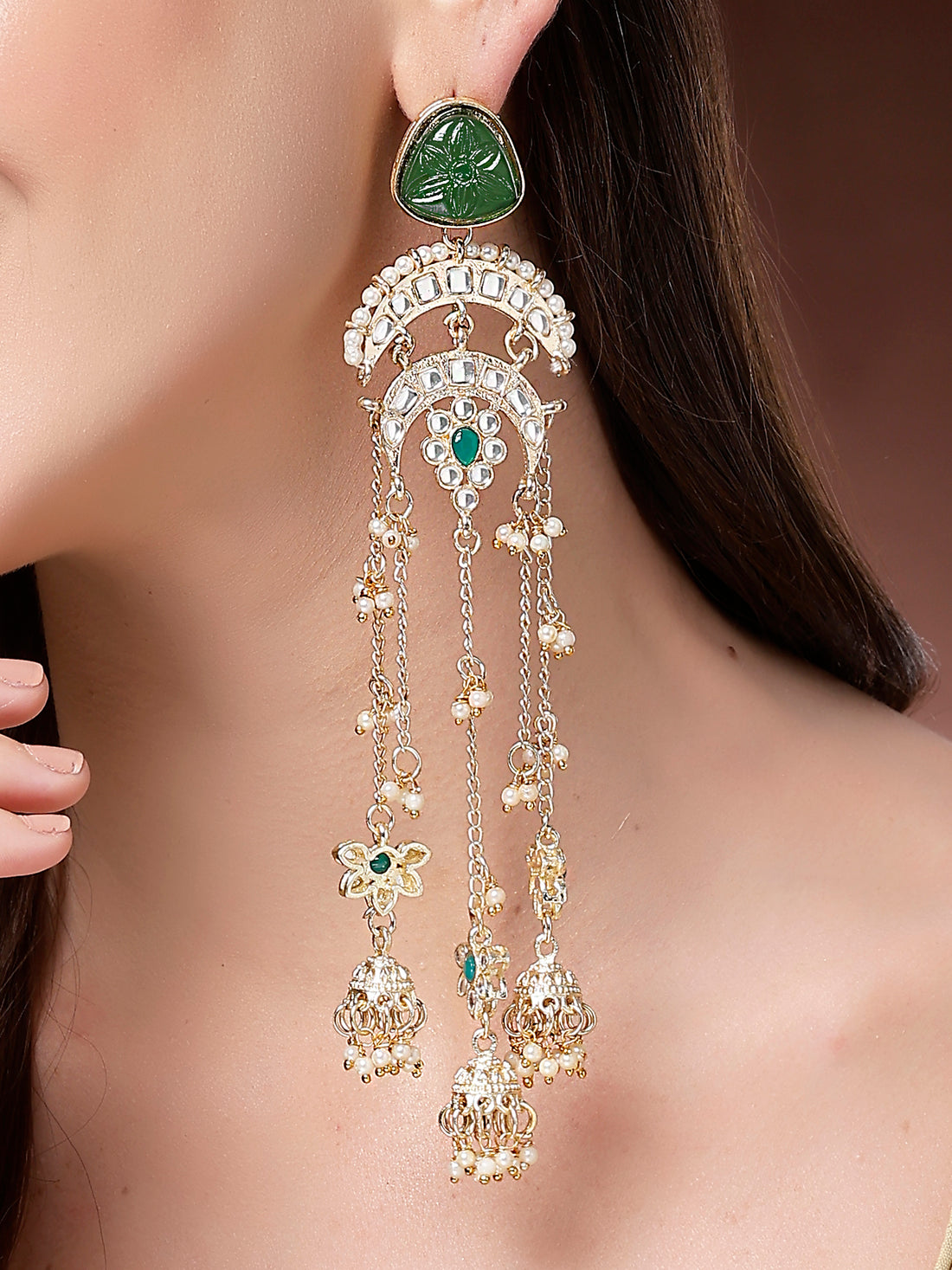 Karatcart Ethnic Gold Plated Green Carved Stone Long Dangler Earrings with Jhumkis