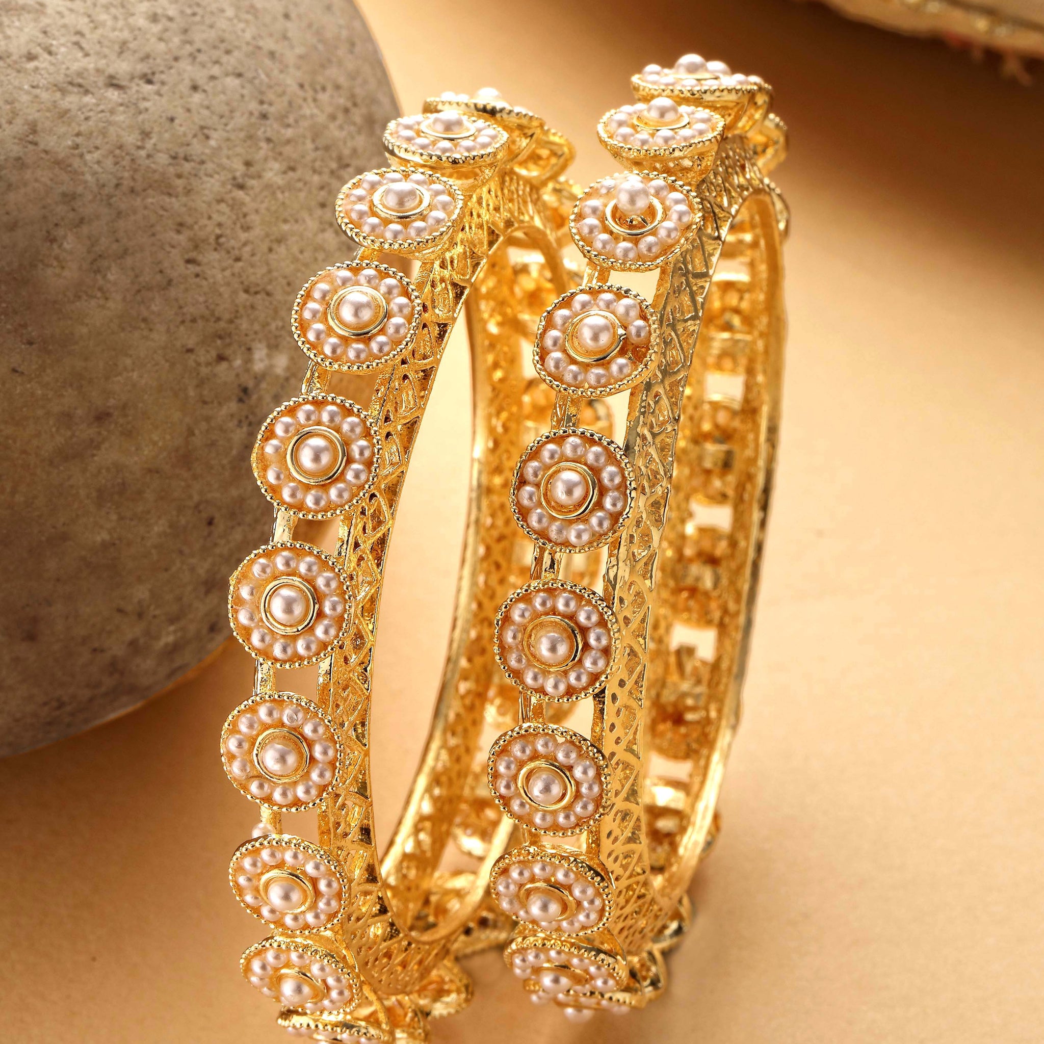 Karatcart Set of 2 White Pearl Studded Gold Plated Bangles for Women