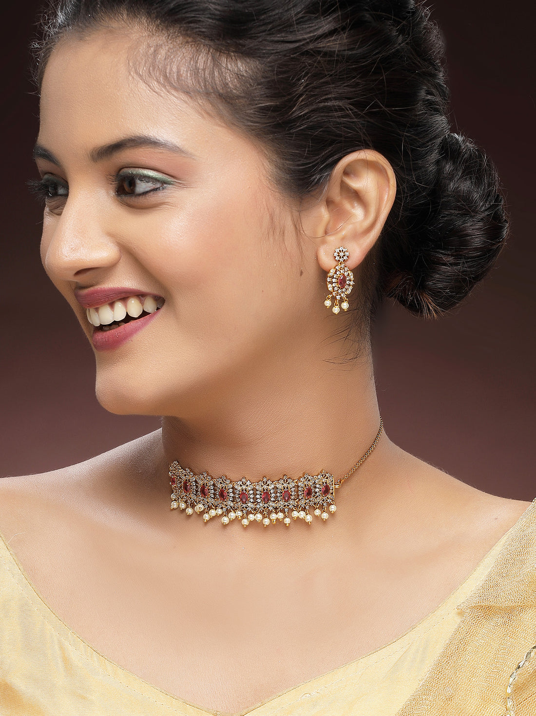 KARATCART Designer Gold-Plated Red American Diamond and Pearl Choker Necklace Set for Women