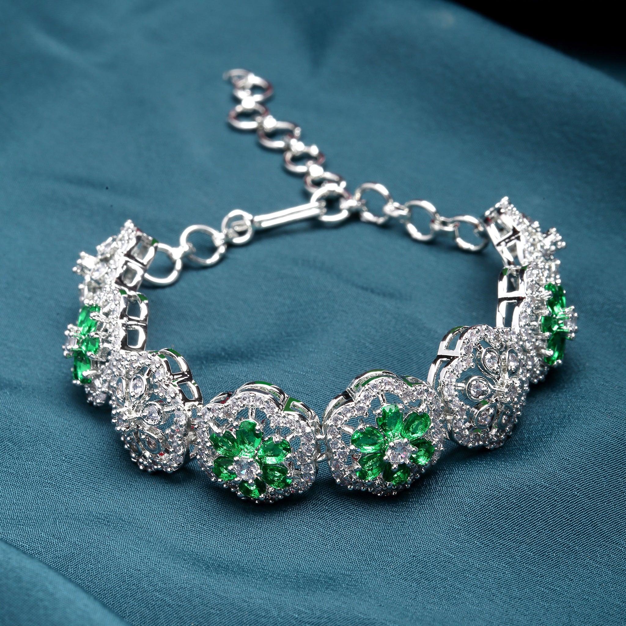 Karatcart Silver Tone Green Cubic Zirconia Studded Bracelet for Women