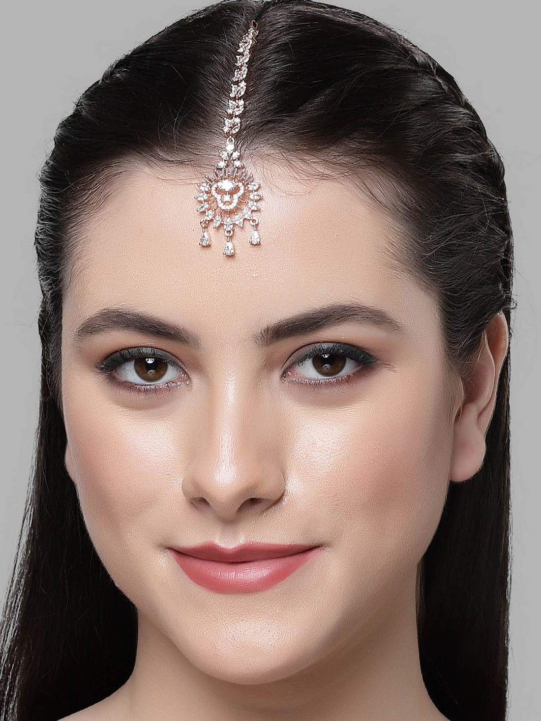 Karatcart Rose Gold-Plated American Diamond Studded Maangtikka for Women