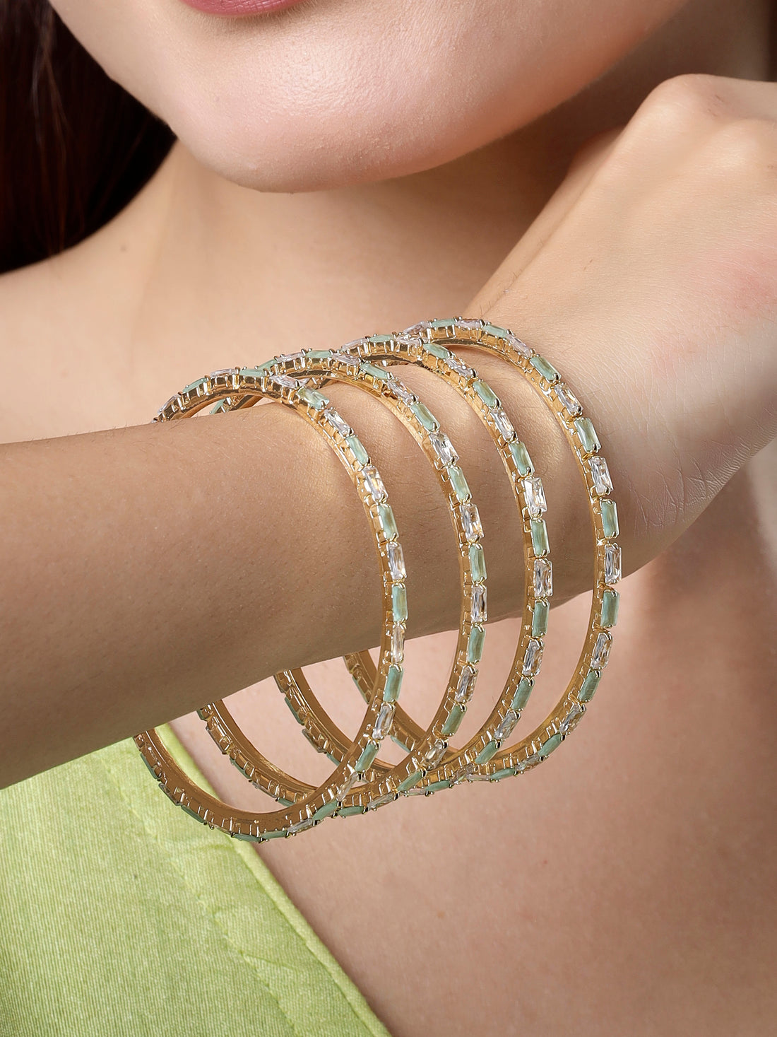 Karatcart Set of 2 Lime Green CZ Studded Gold Plated Bangles for Women