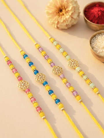 KARATCART Set of 4 Multicolor Beaded Designer Kundan Rakhi for Brother with Roli & Chawal