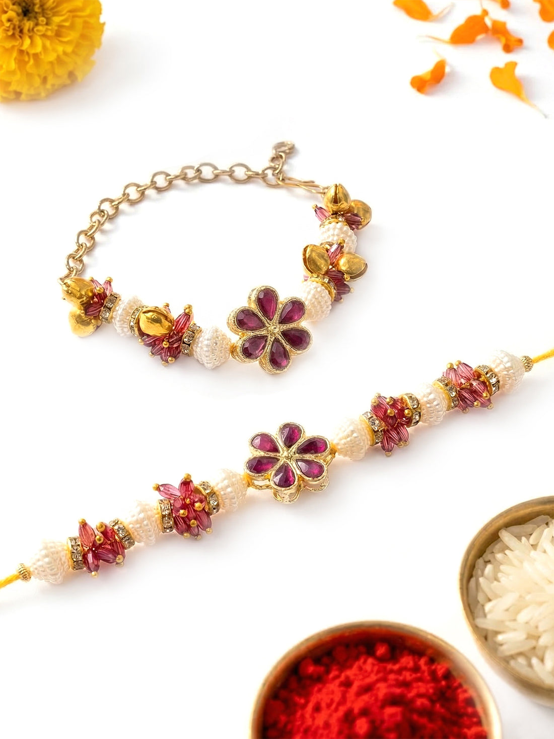 KARATCART Gold Plated Pink Floral Crystal Kundan Bhaiya Bhabhi Rakhi with Roli & Chawal