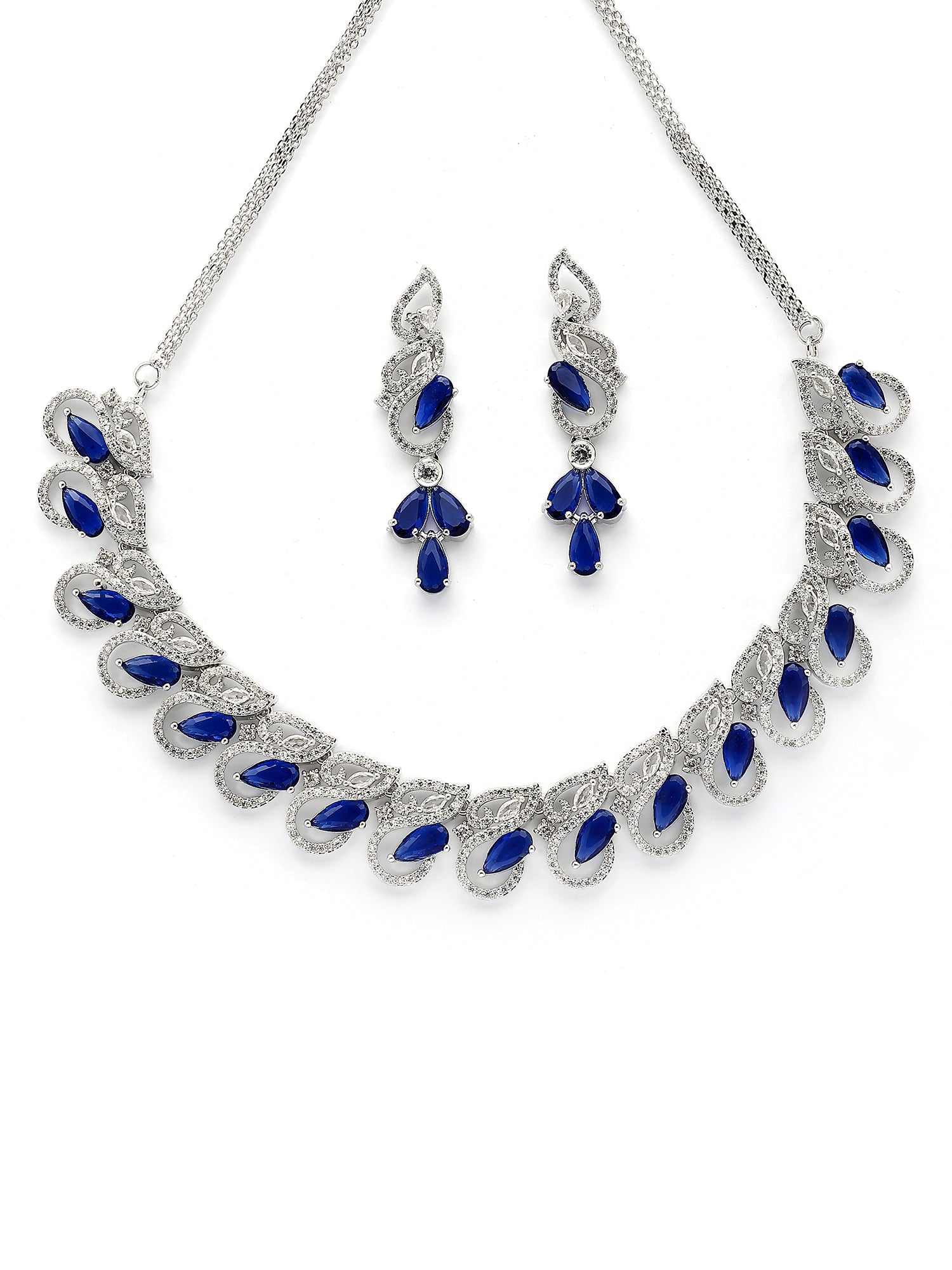 Karatcart Sparkling Blue Drop American Diamond Silver Plated Necklace Set for Women - view 4