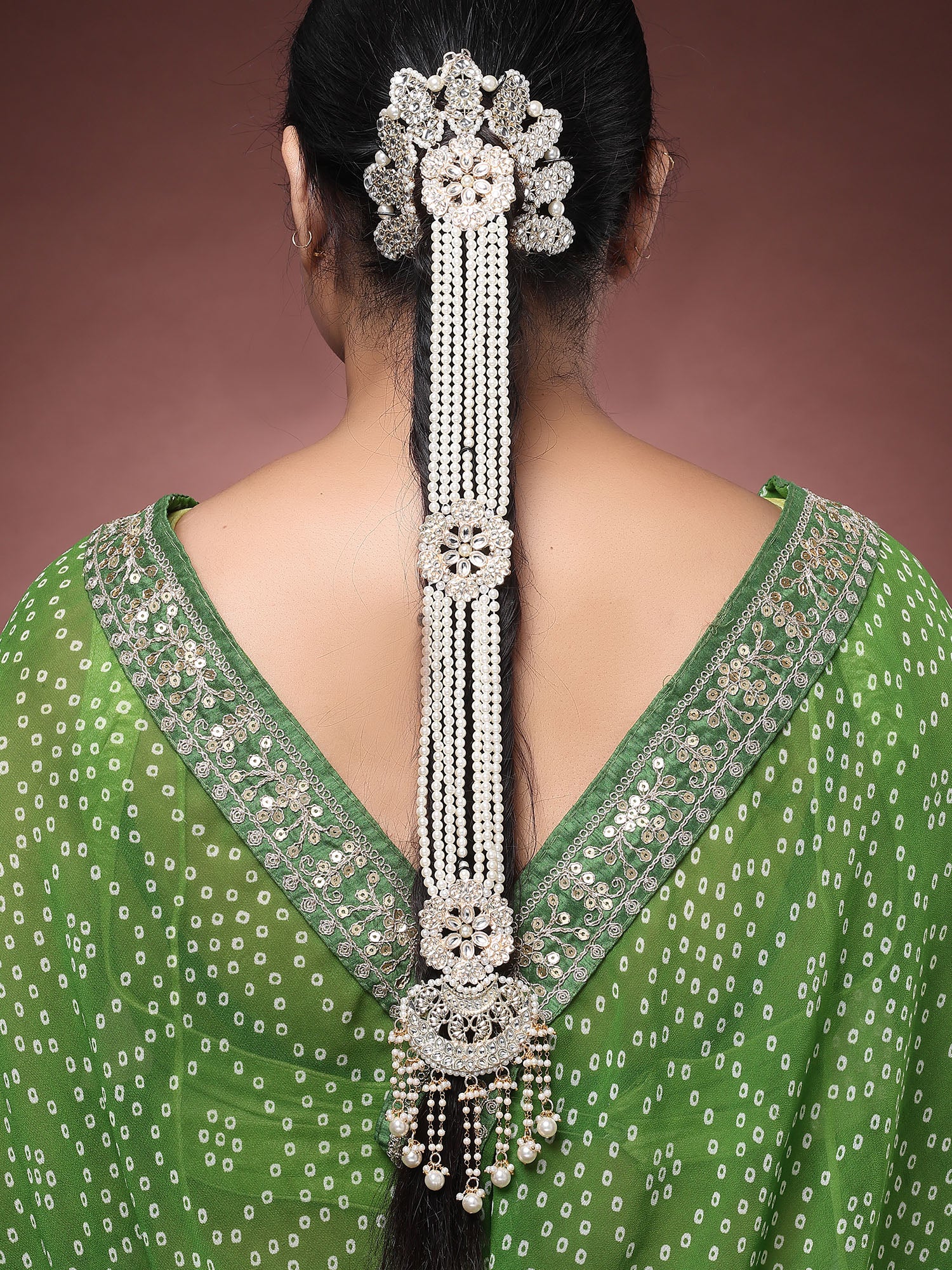 Karatcart Gold Plated Ethnic White Pearl and Kundan Juda Styles Hair Choti for Women