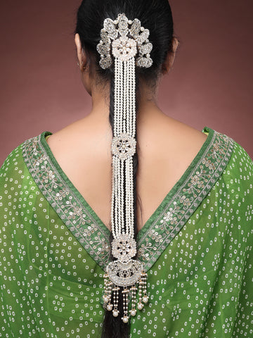 Karatcart Gold Plated Ethnic White Pearl and Kundan Juda Styles Hair Choti for Women