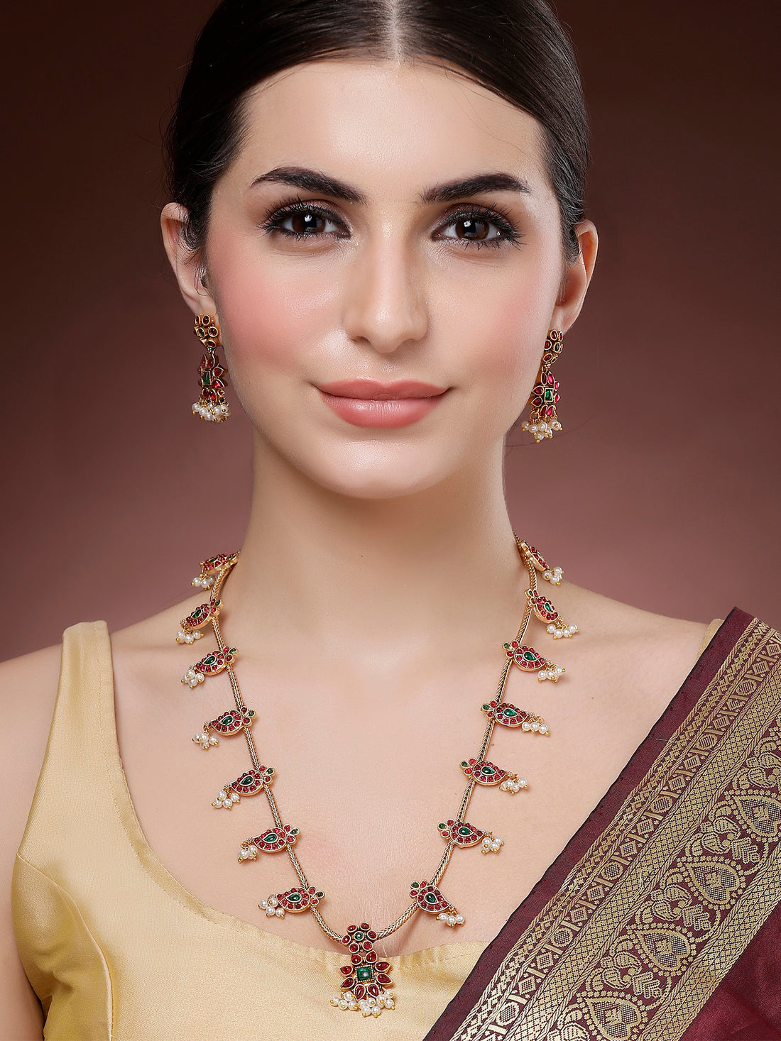 Karatcart Red and Green Stone Floral Design Rani Haar Temple Jewellery Set for Women