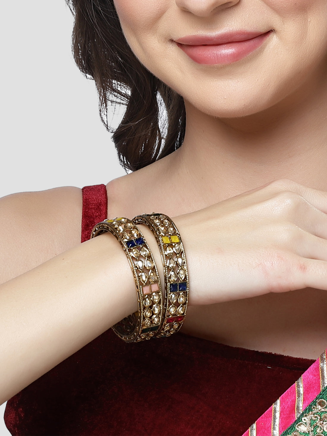 Karatcart Set of 2 Antique Gold Plated Drop Shape Multicolor Stone Rajwadi Bangles for Women