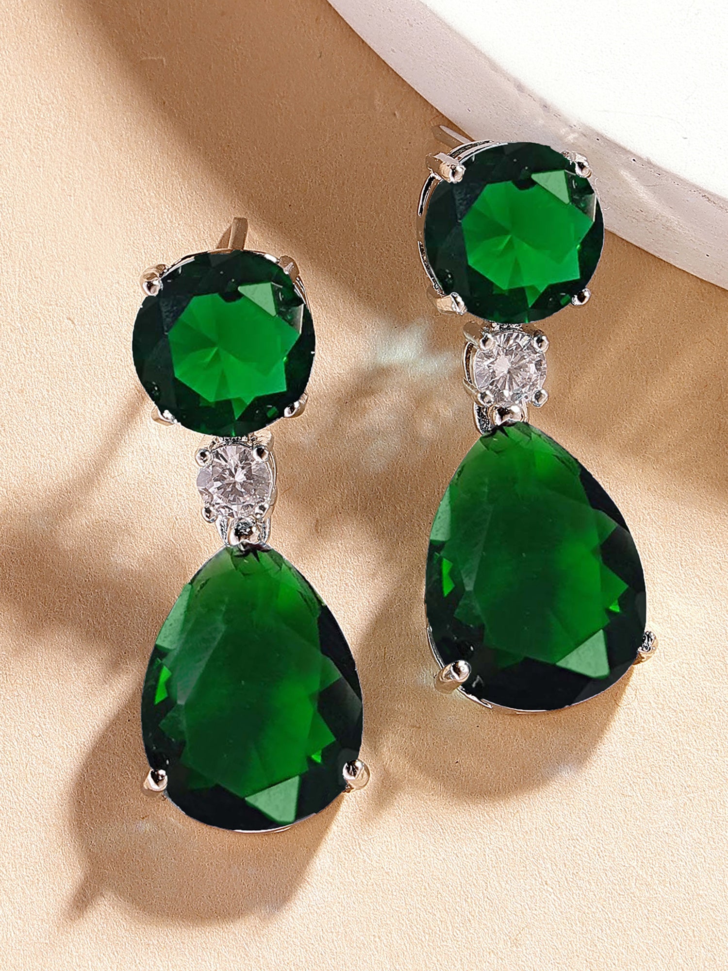 Karatcart Luxurious Green American Diamond Stone Drop Earrings for Women