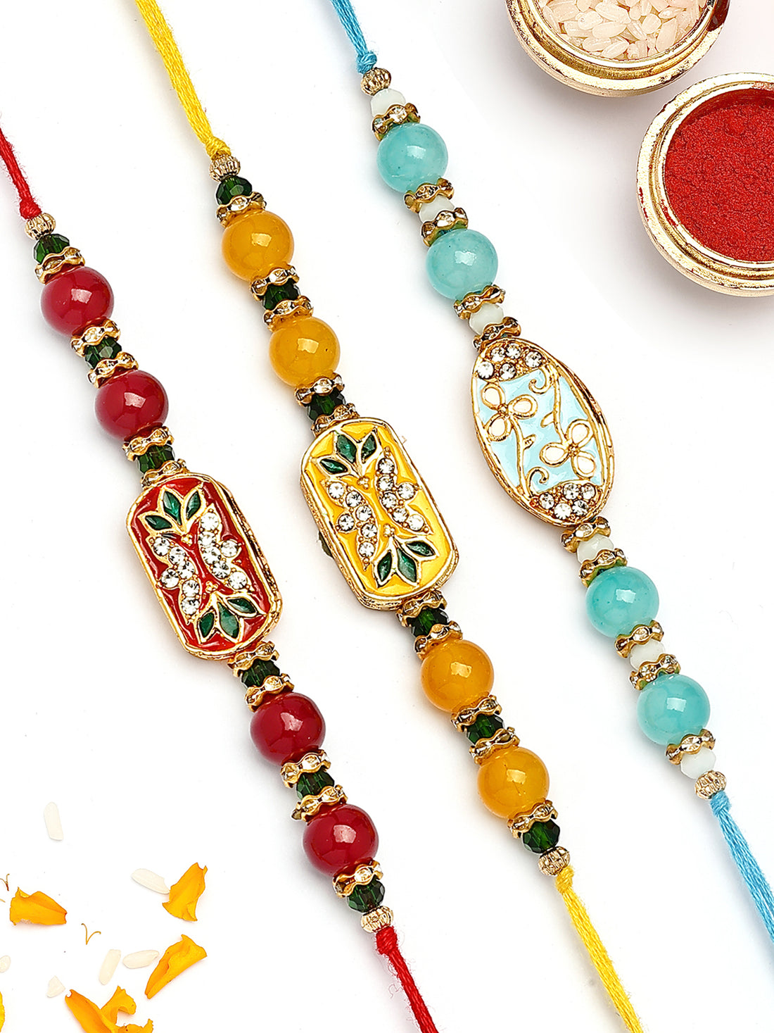 KARATCART Set of 3 Red, Blue and Yellow Enamel Floral Design Rakhi for Brother with Roli & Chawal