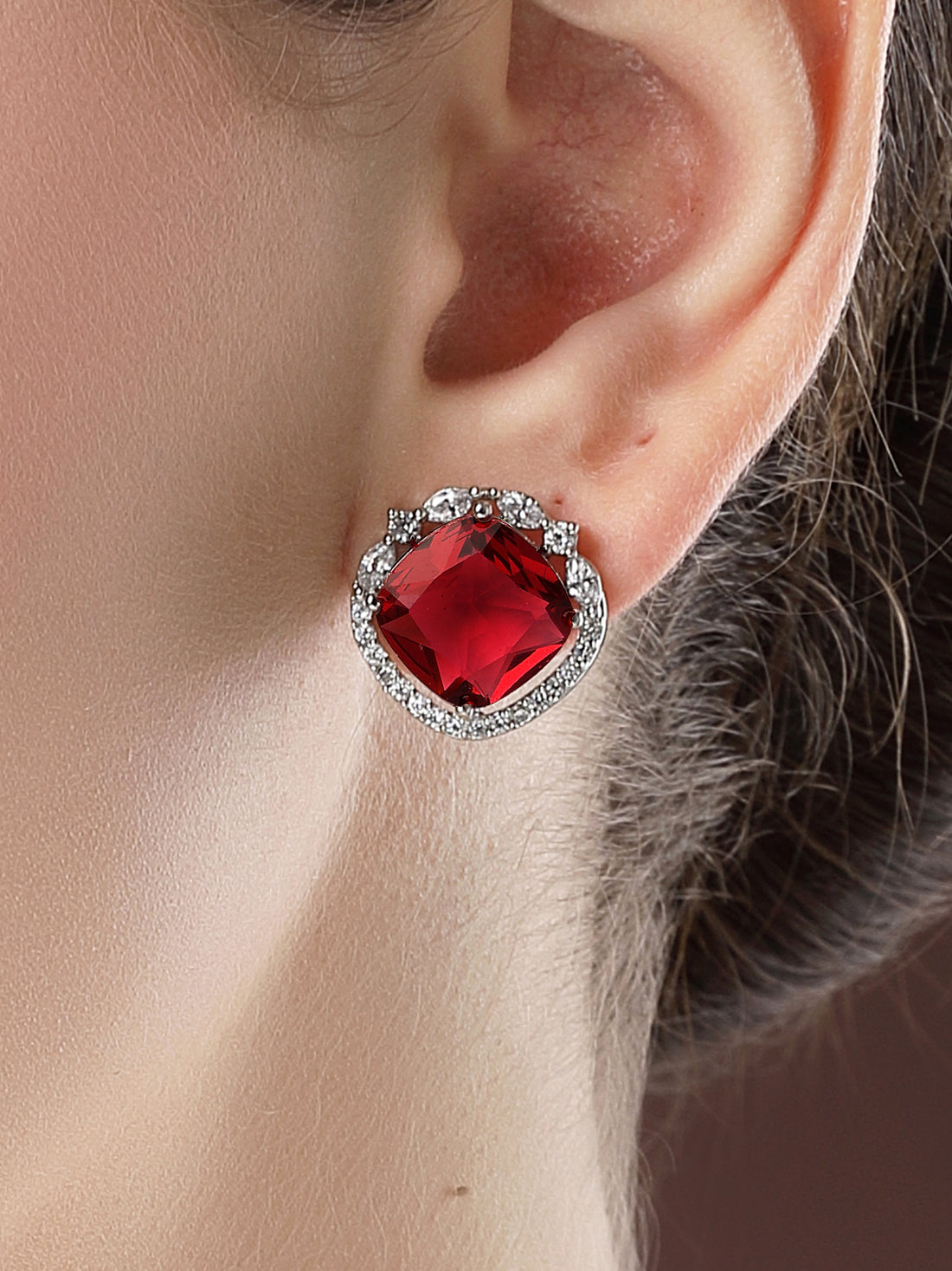 Karatcart Silver Tone Red American Diamond Stud Earrings for Women