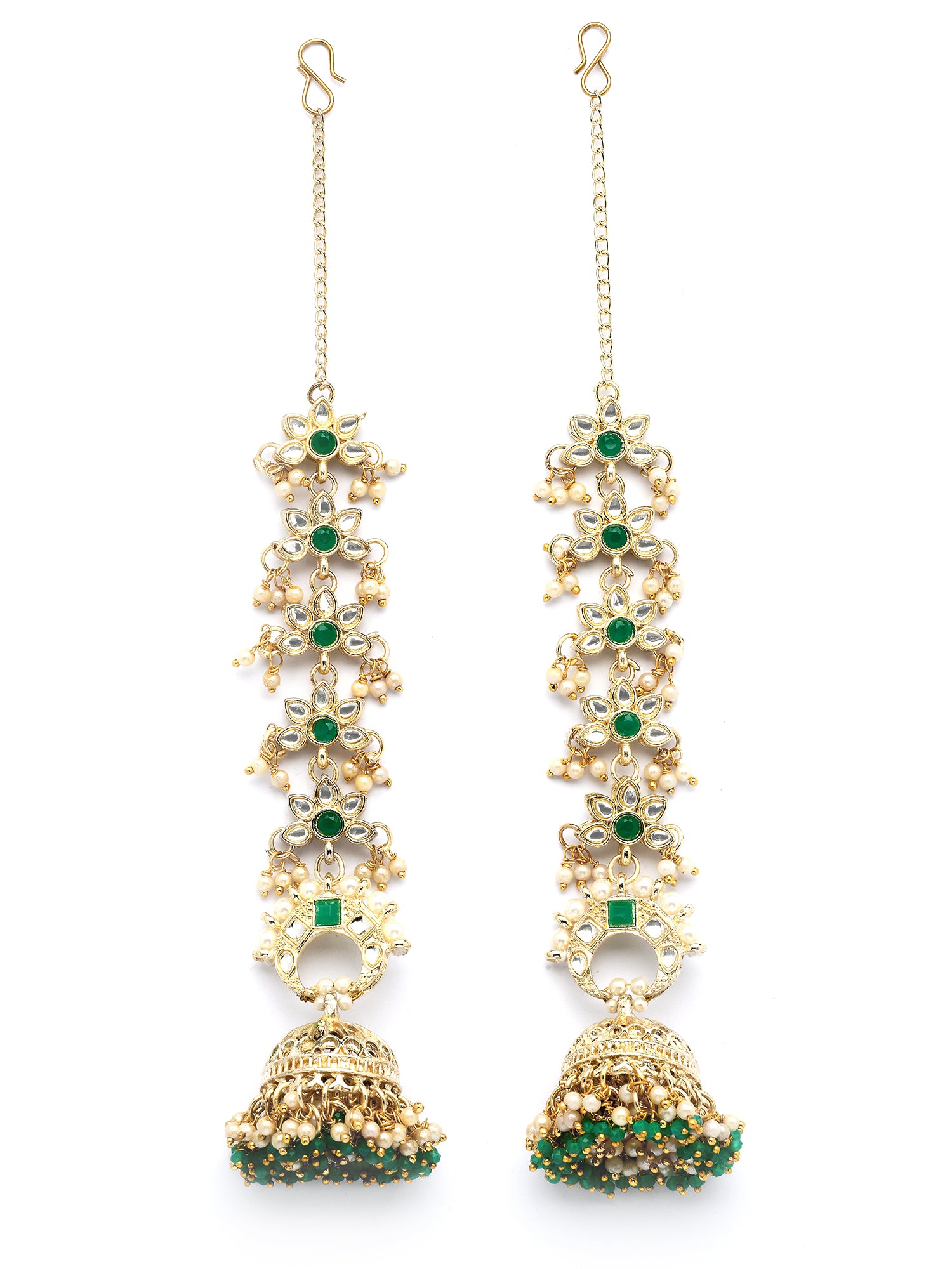 Karatcart Ethnic Gold-Plated Green Crystal Kundan Long Kaanchain Jhumka Earrings for Women - view 4