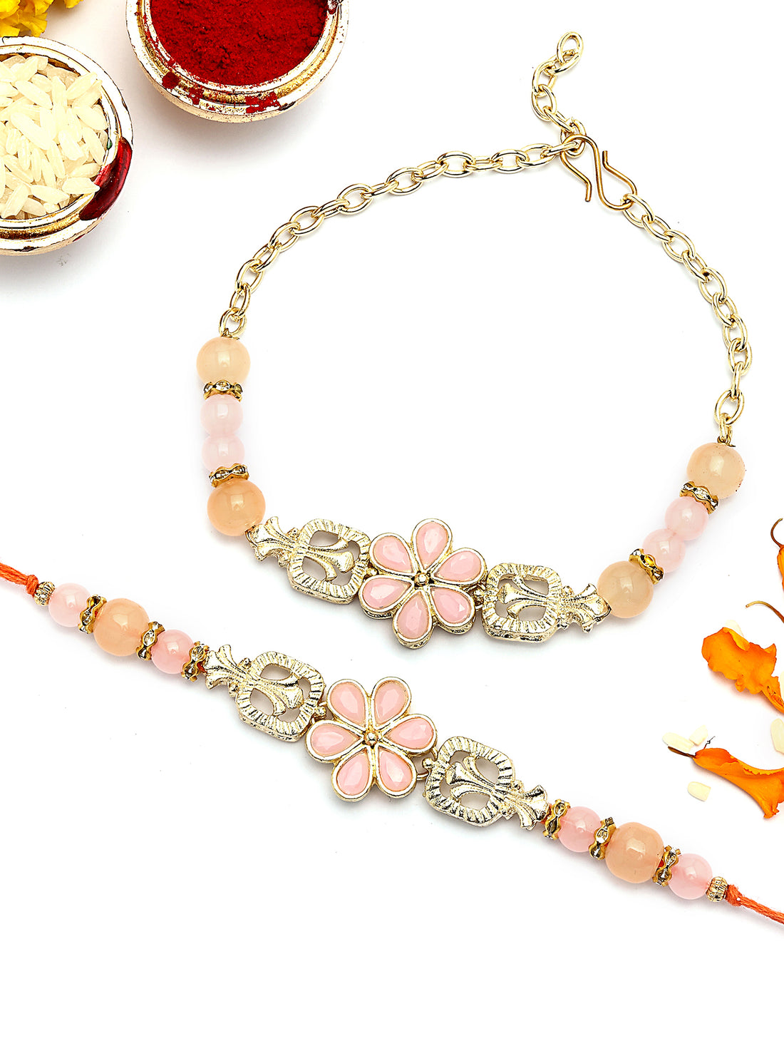 KARATCART Gold Plated Pink Floral Kundan Bhaiya Bhabhi Rakhi with Roli & Chawal
