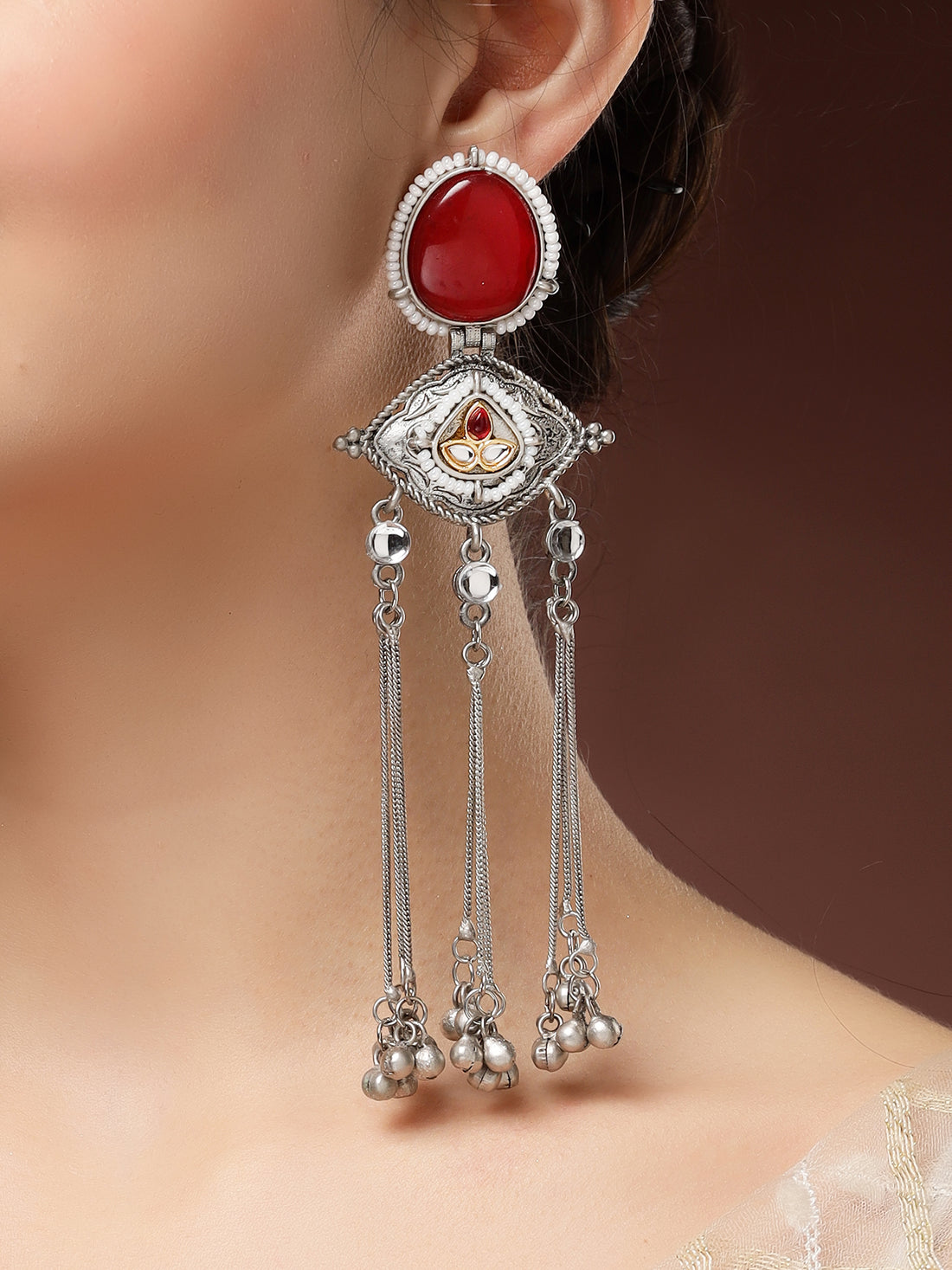 Karatcart Elegant Red Stone Oxidized Silver Eye Shape Drop Earrings with Long Chain Tassels