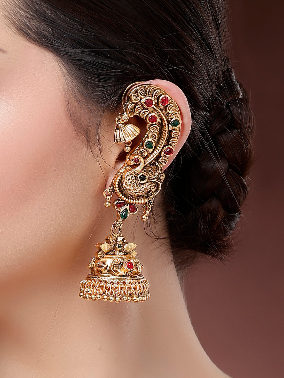 Karatcart Temple Jewellery Style Gold Plated Peacock Jhumki Earrings for Women