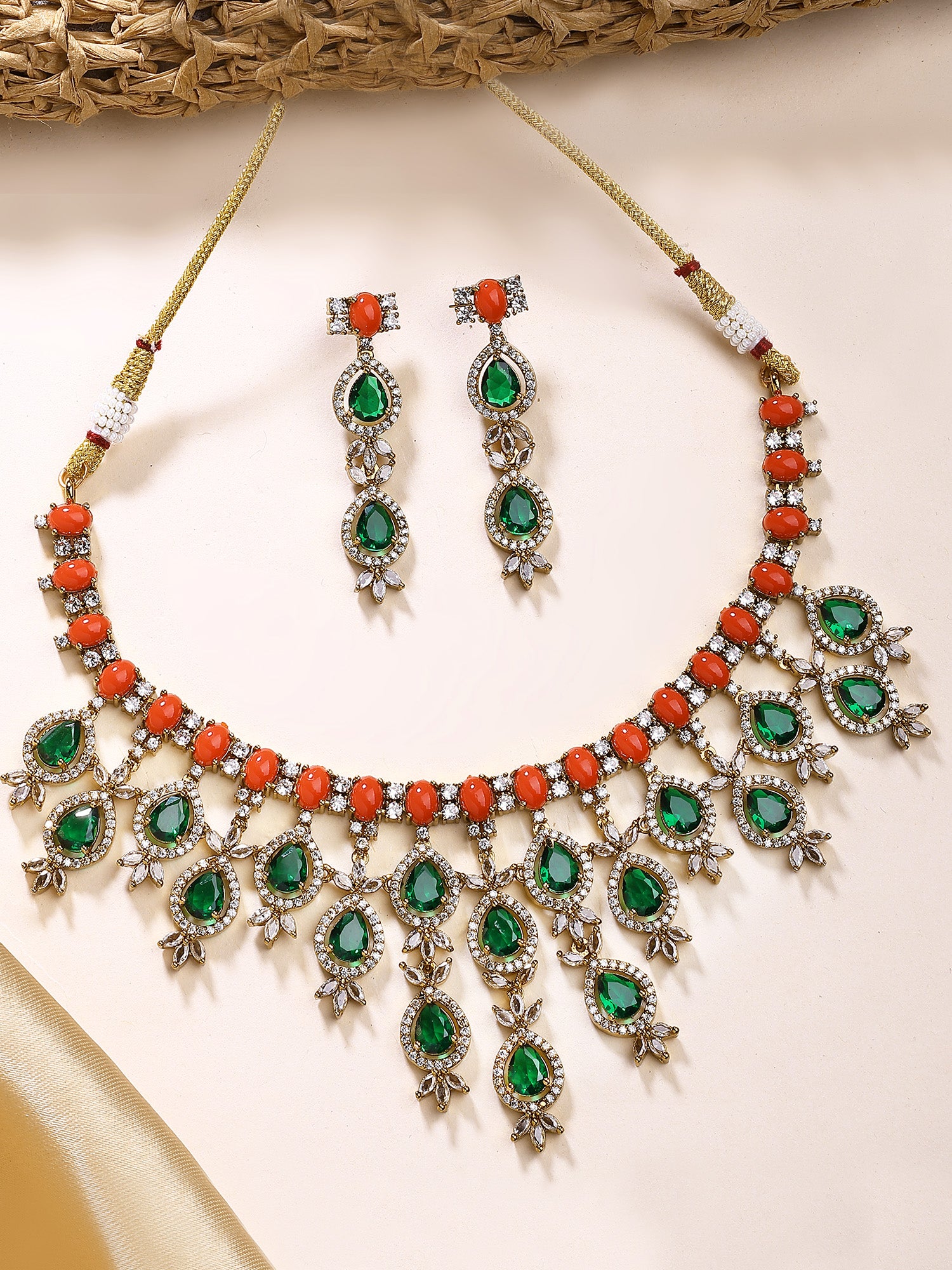 Red and green stone Waterfall necklace with American diamond - Image 1