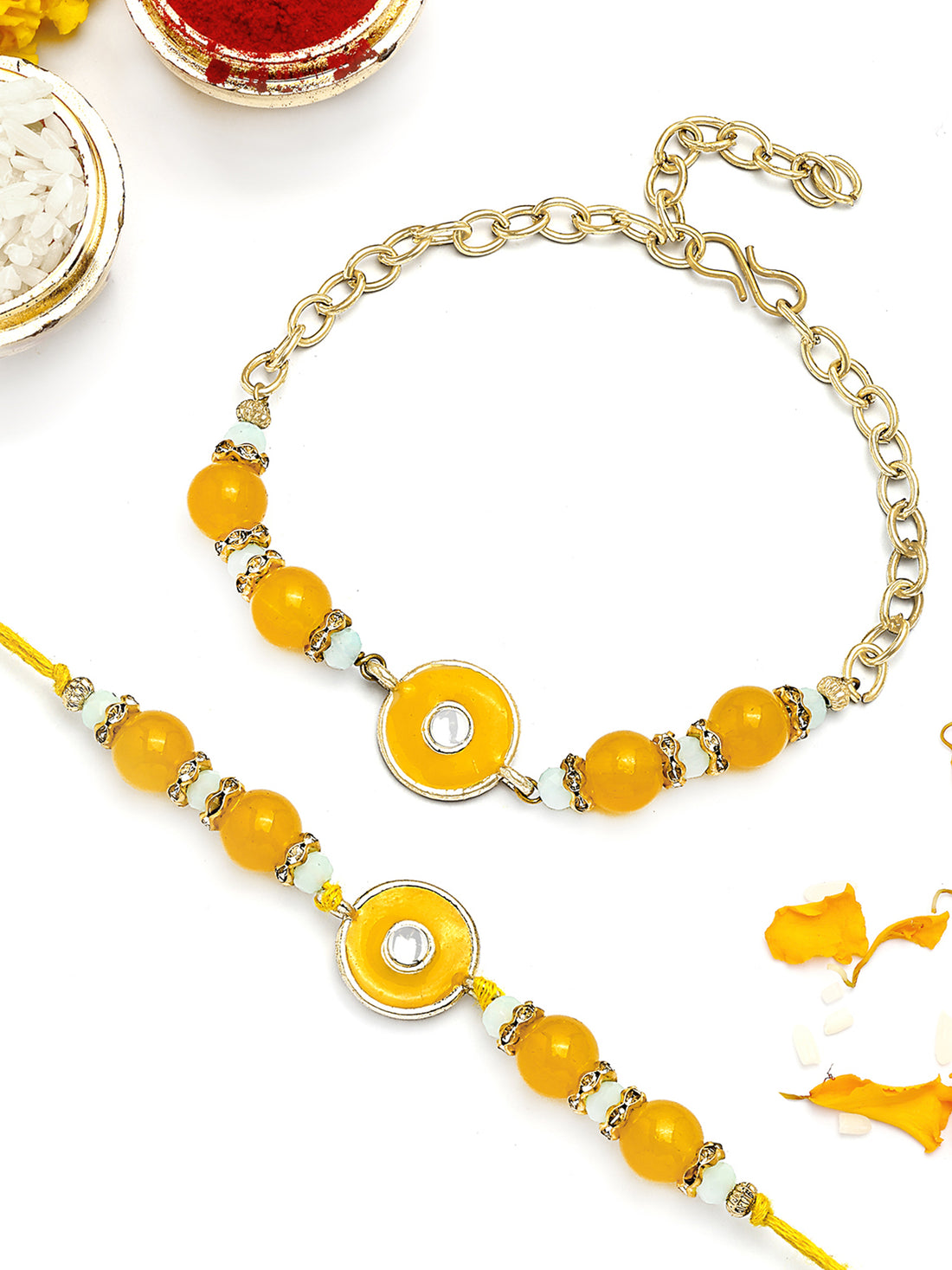 KARATCART Gold Plated Yellow Meena Floral Kundan Bhaiya Bhabhi Rakhi with Roli & Chawal
