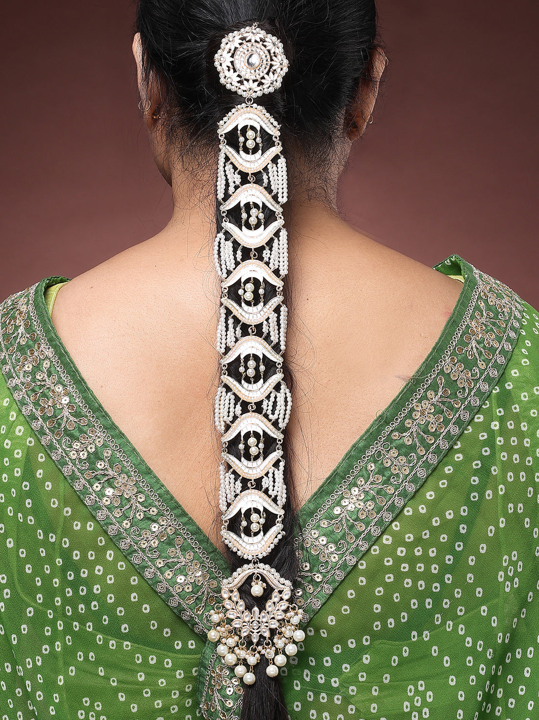 Karatcart Elegant Gold-Plated Braided White Pearl Beaded Kundan Hair Choti for Women