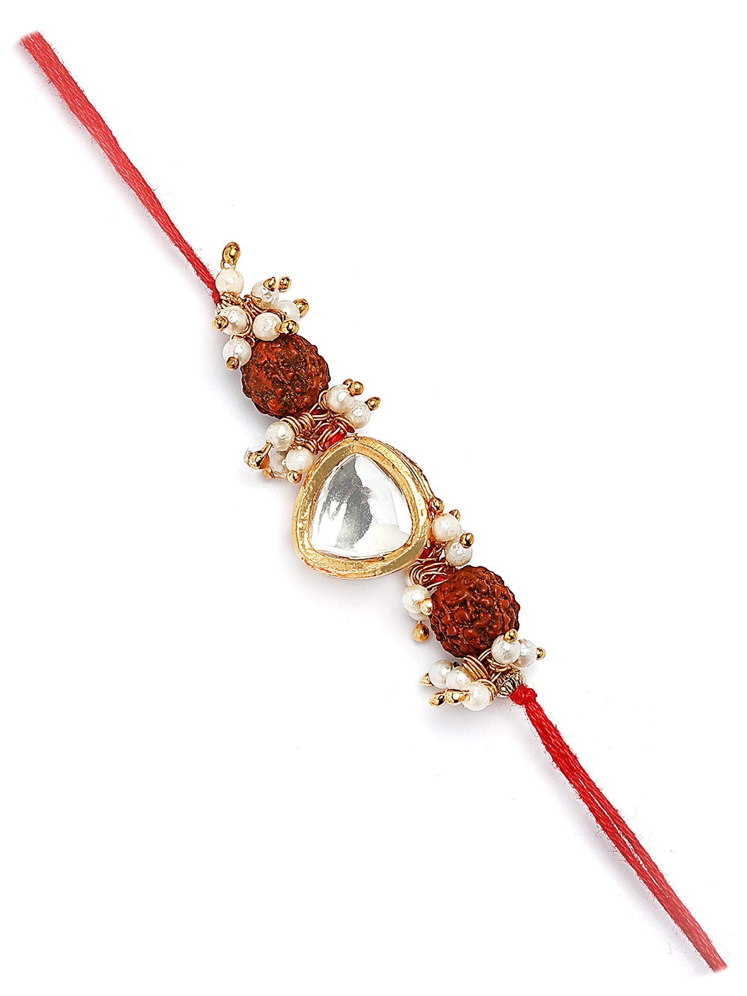 Karatcart Gold Plated Polki Kundan Rudraksha Studded Bhiya Rakhi with Roli & Chawal