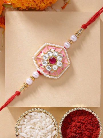 KARATCART Vibrant Pink Meenakari Floral Design Handmade Kundan Rakhi for Brother with Roli Chawal