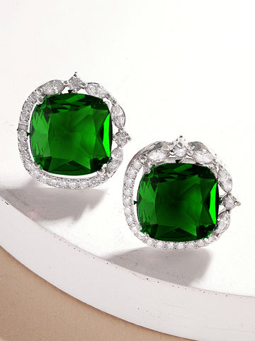 Karatcart Silver Tone Green American Diamond Stud Earrings for Women